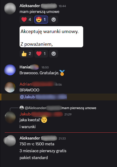 Zanonimizowany zrzut wiadomości uczestnika