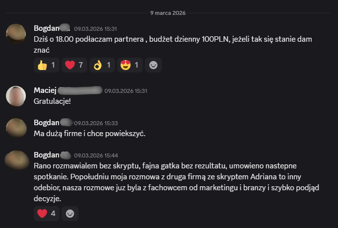 Zanonimizowany zrzut wiadomości uczestnika