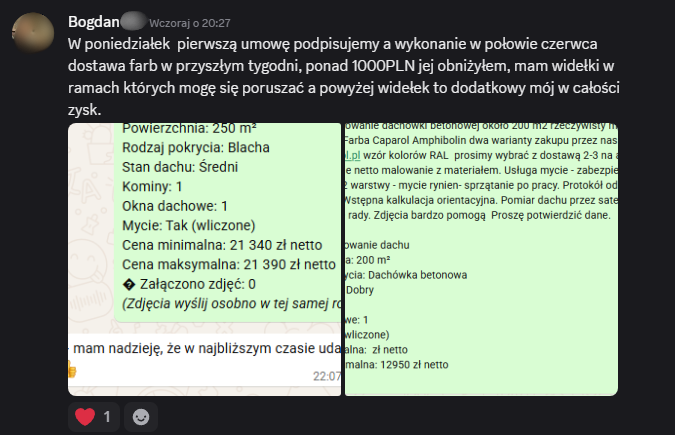 Zanonimizowany zrzut wiadomości uczestnika