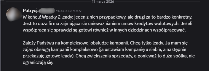 Zanonimizowany zrzut wiadomości uczestnika
