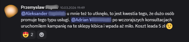 Zanonimizowany zrzut wiadomości uczestnika
