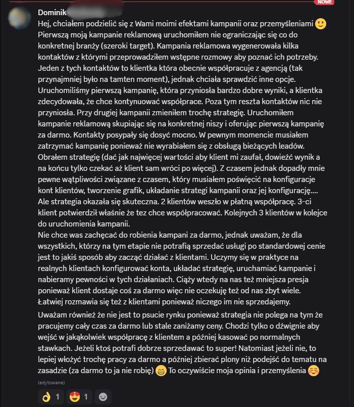 Zanonimizowany zrzut wiadomości uczestnika