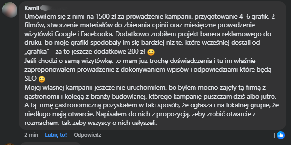 Zanonimizowany zrzut wiadomości uczestnika