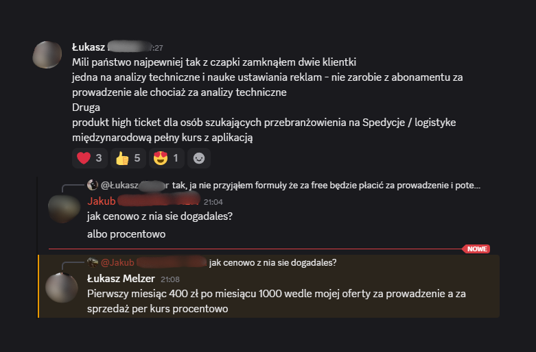 Zanonimizowany zrzut wiadomości uczestnika