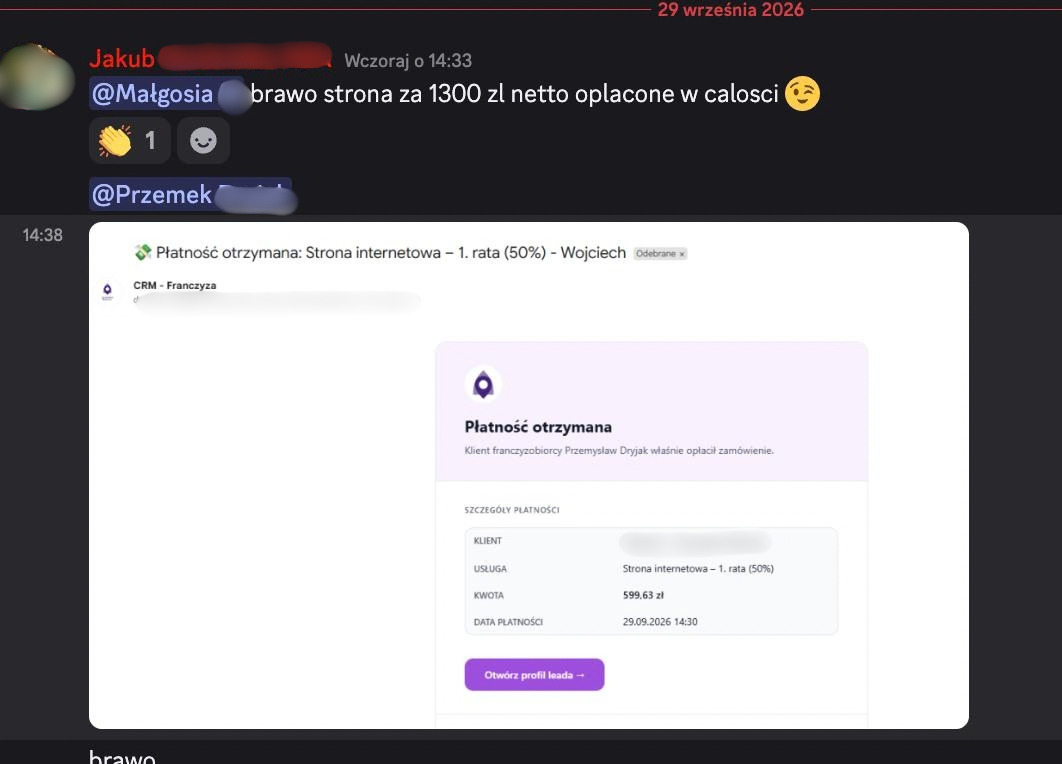 Zanonimizowany zrzut wiadomości uczestnika
